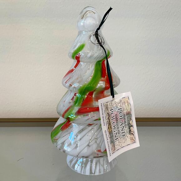 Art Glass CHRISTMAS TREE 10in Red Green White Marble Handmade in Poland NEW - Picture 9 of 14
